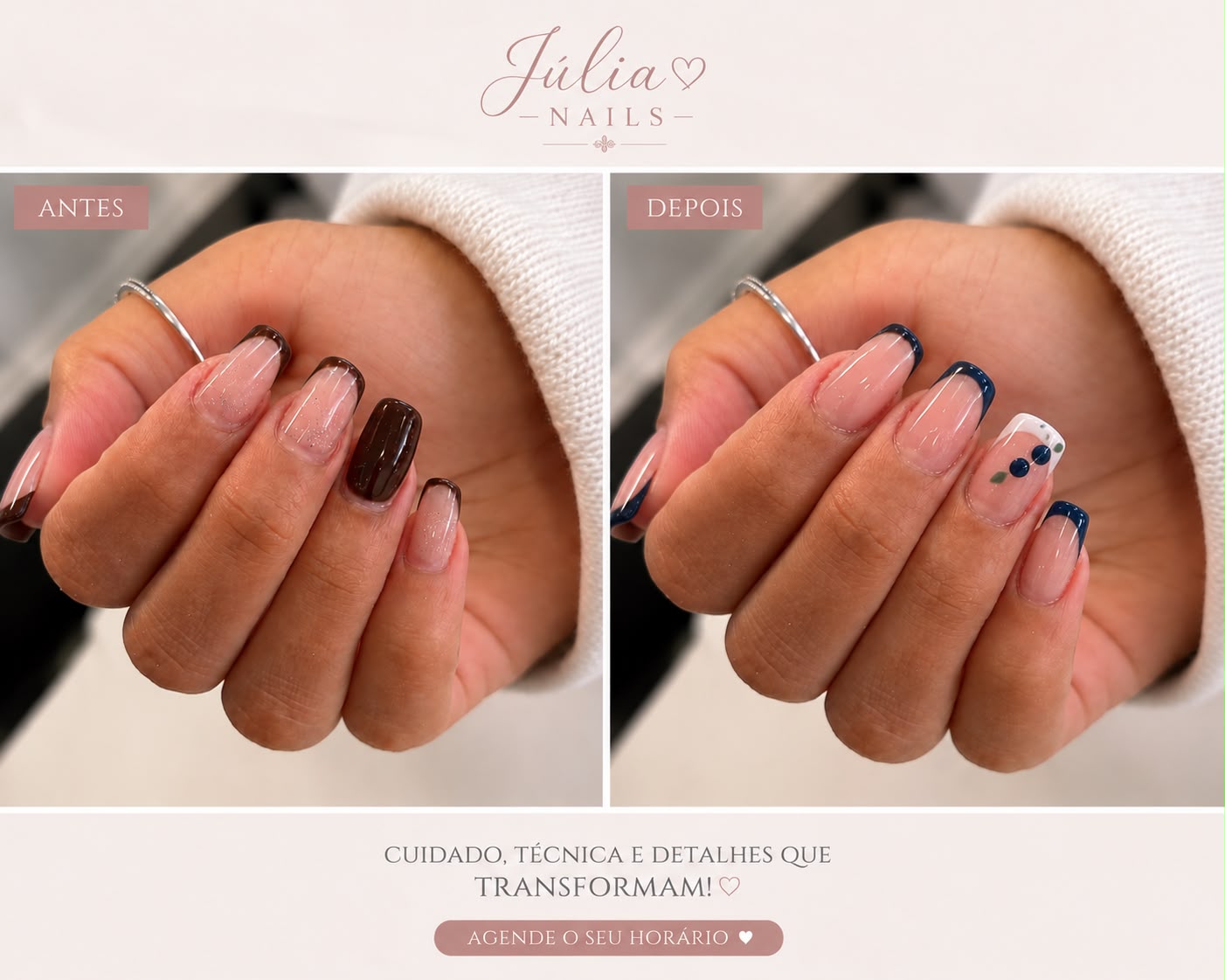 Antes e depois: french azul marinho com detalhe floral