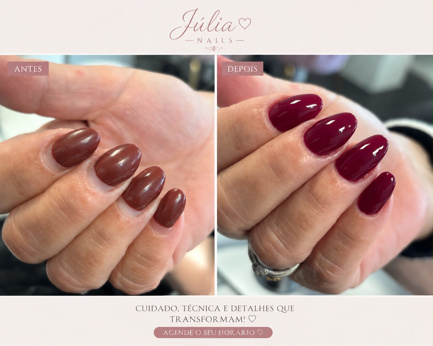 Antes e depois: manicure em vinho intenso
